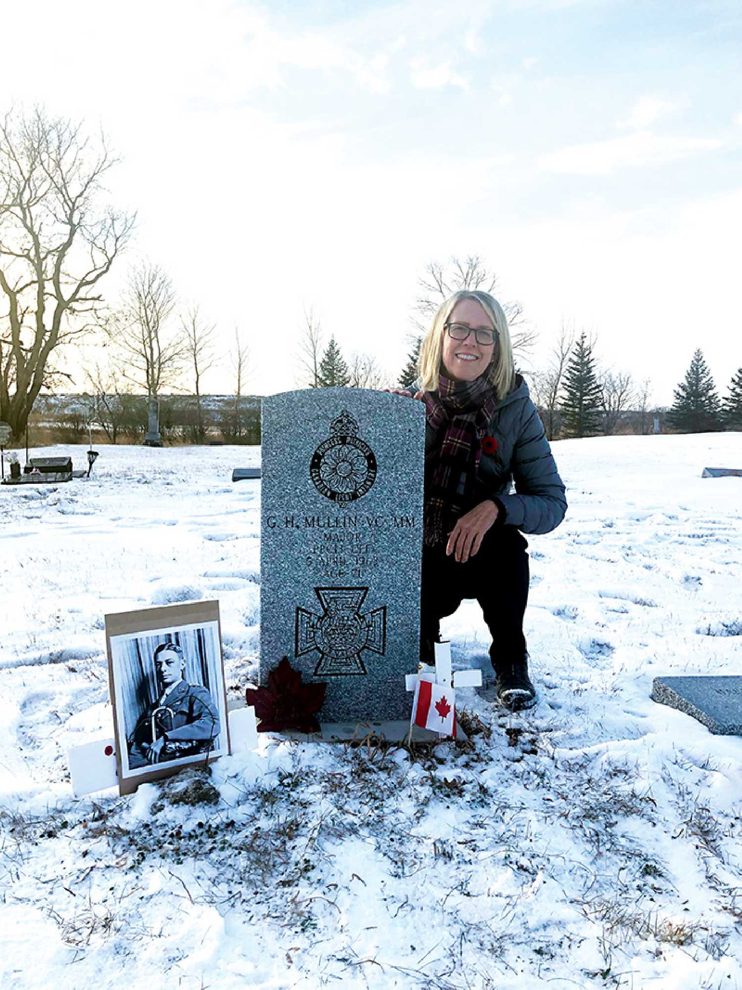 Pictured above is Susan Fisher, great-granddaughter of Harry Mullin by marriage, at Harry’s gravesite in Moosomin on Remembrance Day 2022.